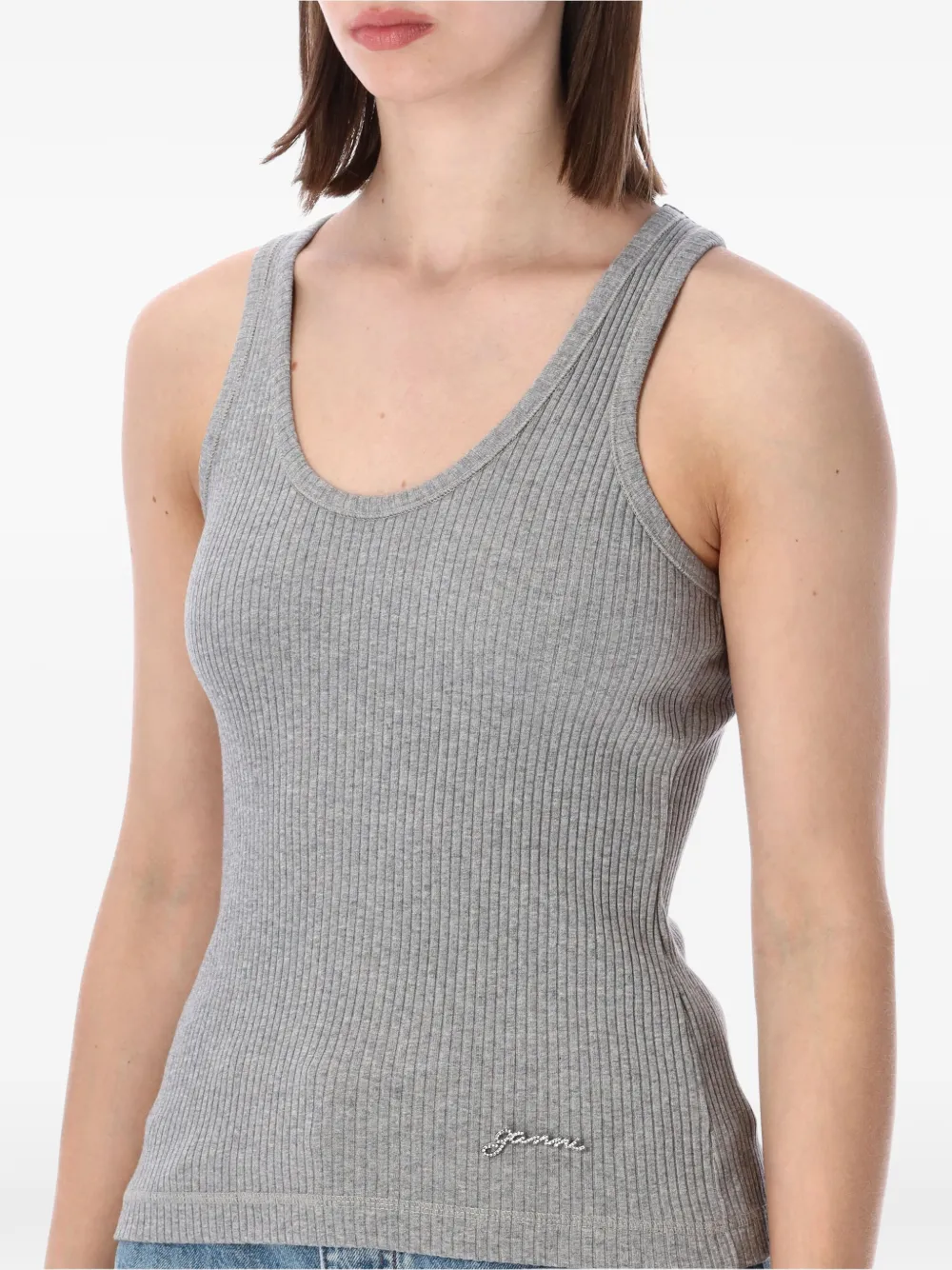 GANNI Ribgebreide tanktop met logo Grijs