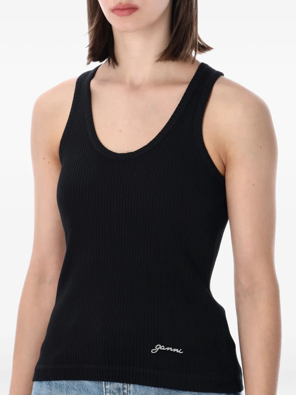 GANNI Ribgebreide tanktop met geborduurd logo Zwart