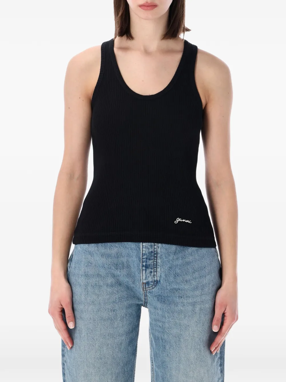 GANNI ribbed-knit logo-embroidered tank top - Nero