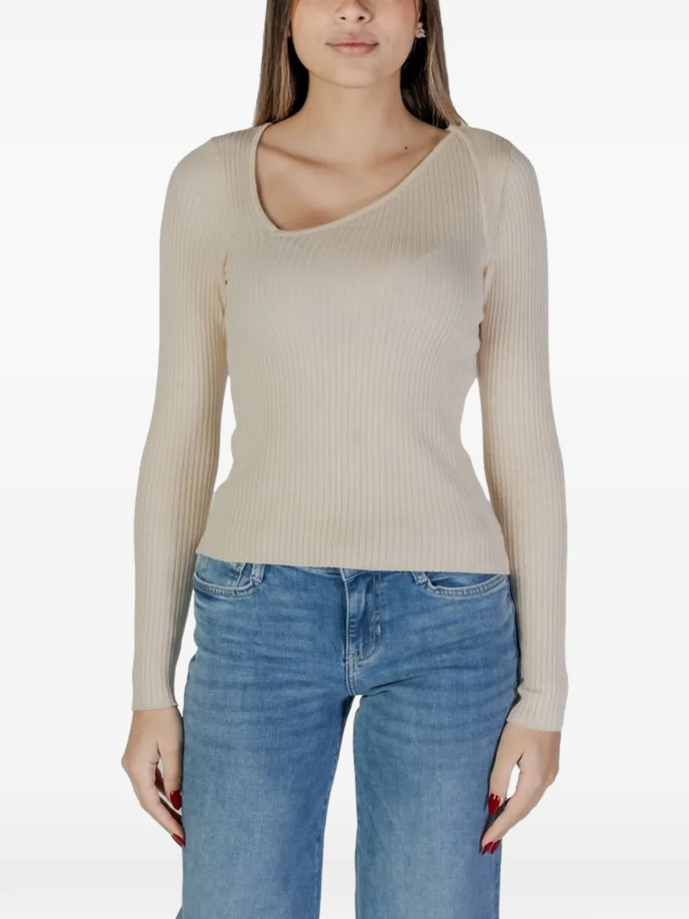 Vila asymmetric-neck ribbed-knit top - Nude
