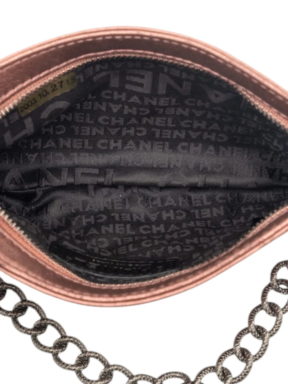 Chanel Pre-owned 2003-2004 Embossed Metallic Lambskin Camellia Chain Pochette Handbag in Pink, view 5