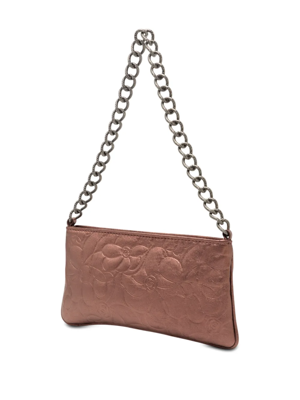 Chanel Pre-owned 2003-2004 Embossed Metallic Lambskin Camellia Chain Pochette Handbag in Pink, view 3