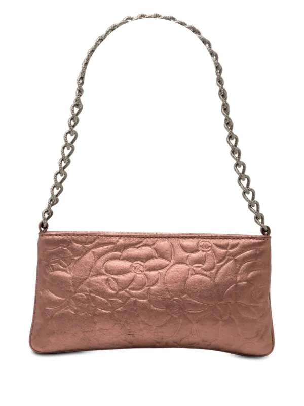 Chanel Pre-owned 2003-2004 Embossed Metallic Lambskin Camellia Chain Pochette Handbag in Pink
