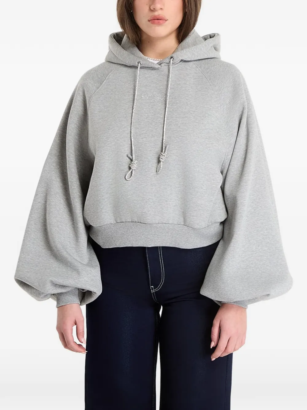 GUESS USA Krystal balloon-sleeve cropped cotton hoodie - Grigio