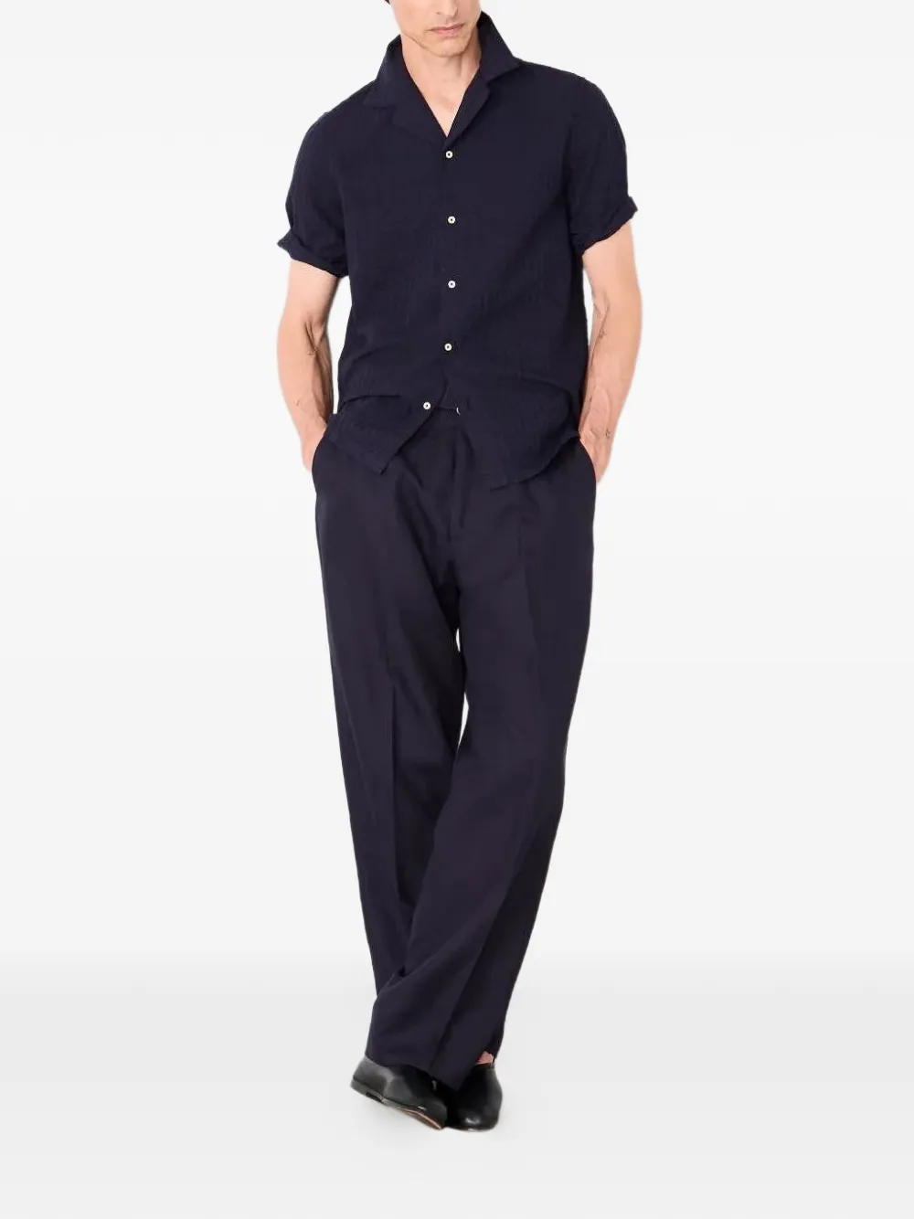 Officine Generale Overhemd met seersucker-effect en korte mouwen Blauw