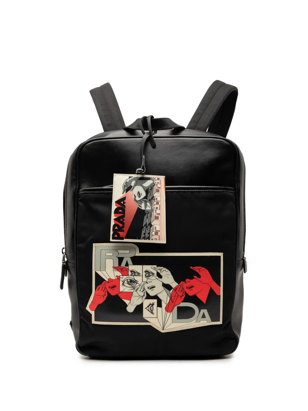 Pre-owned Prada 2013-2026 Leather And Tessuto Comic Print Backpack In Black