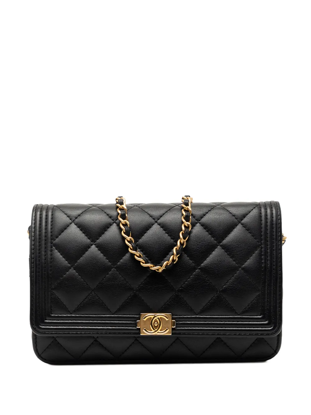 Pre-owned Chanel 2016-2017 Quilted Lambskin Boy Wallet On Chain Crossbody Bag In Black