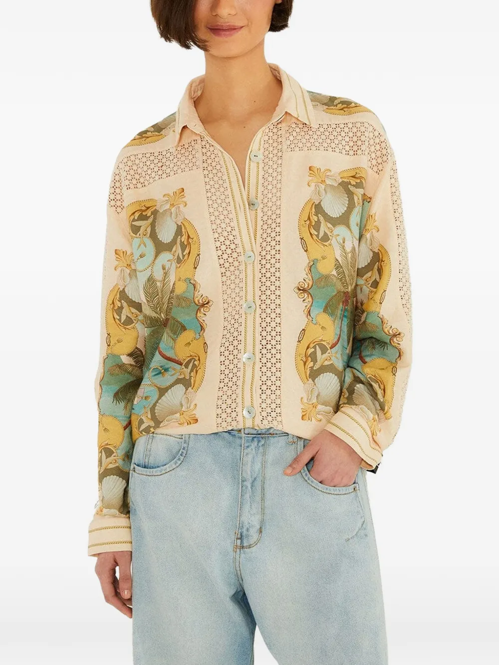 FARM Rio Sand Royal Sea gehaakte ecovero blouse met vlas Beige