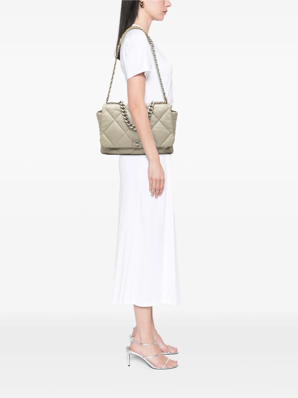 Chanel Pre-owned 2021-2026 Maxi Lambskin 19 Flap Satchel in Grey, view 2