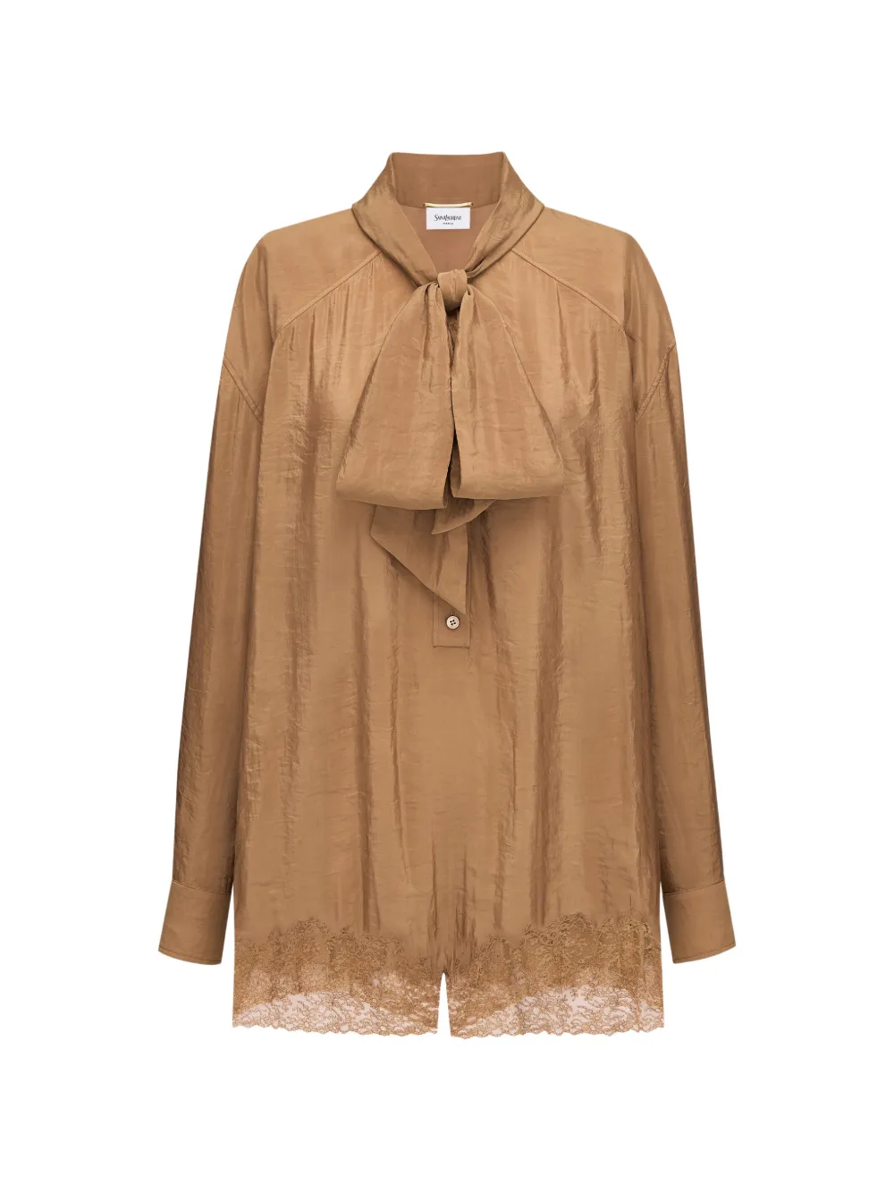 Saint Laurent lace-trim pussy-bow playsuit - Braun