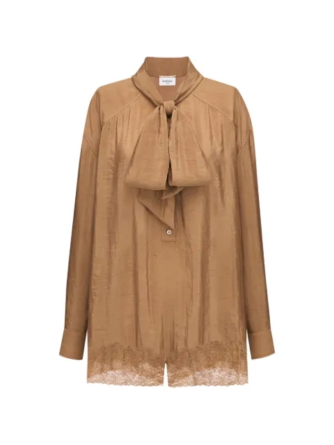 Saint Laurent lace-trim pussy-bow playsuit