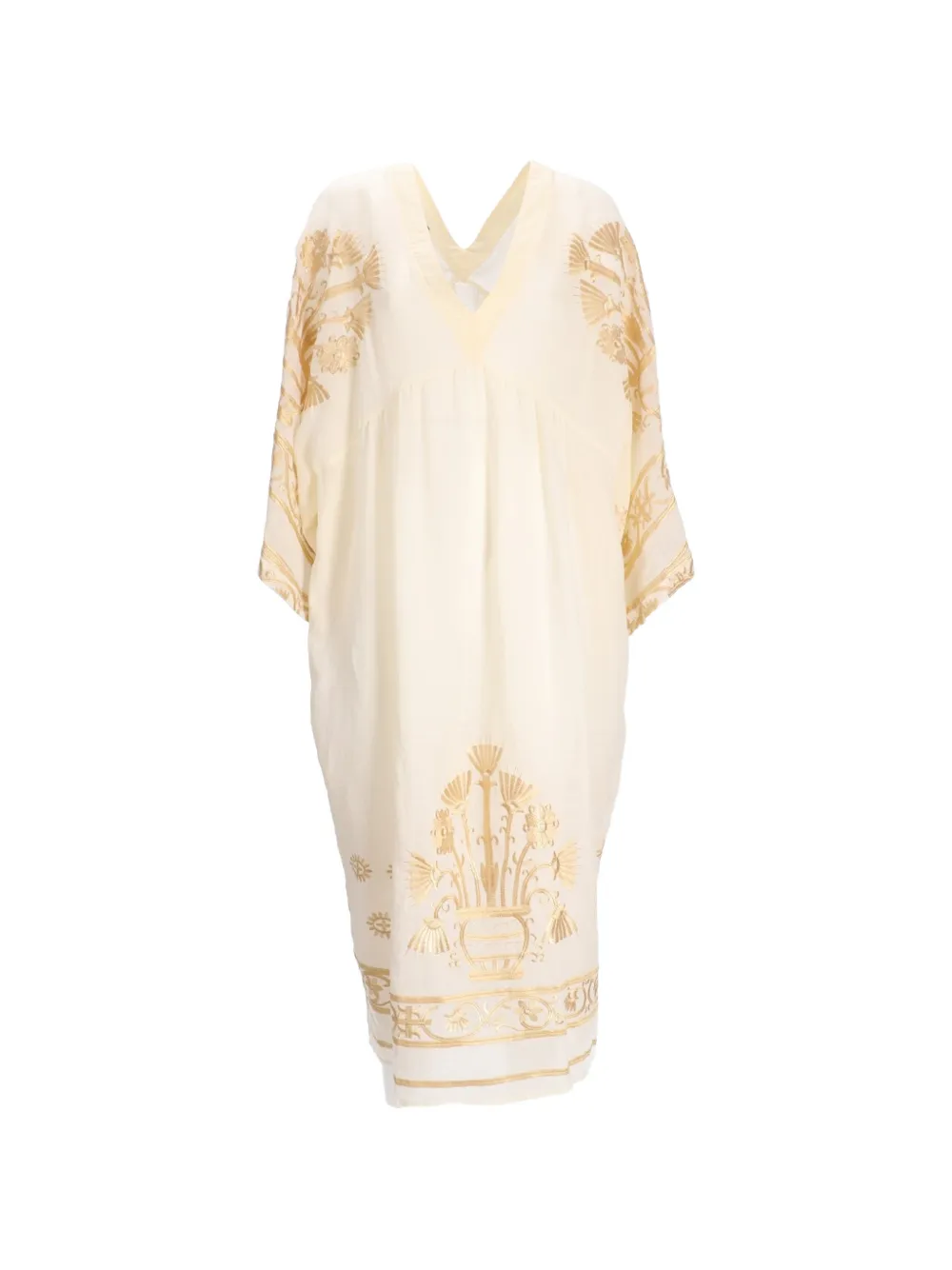 GREEK ARCHAIC KORI embroidered bell-sleeve midi dress - Toni neutri
