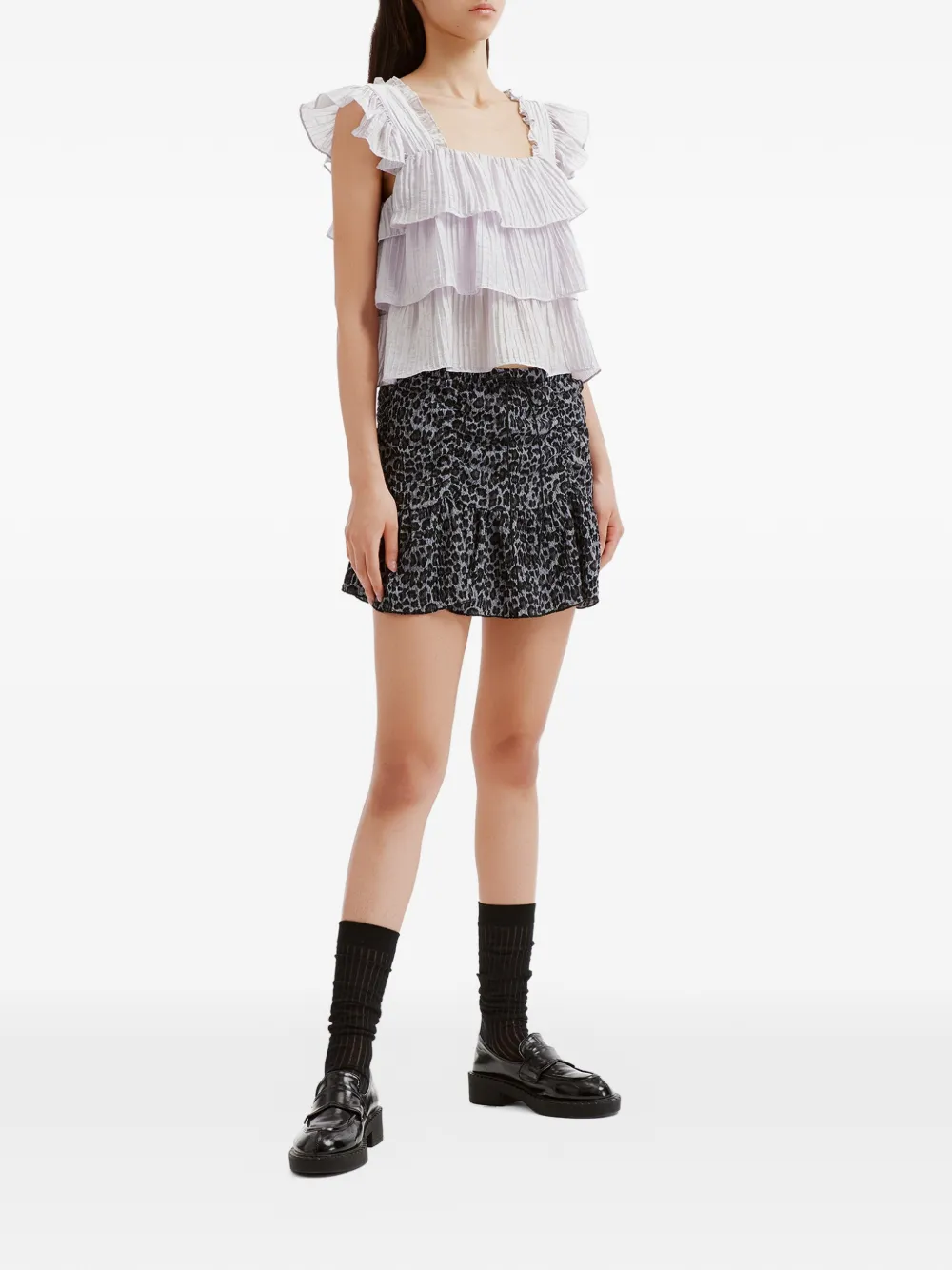 b+ab Midi-rok met luipaardprint en ruches Zwart