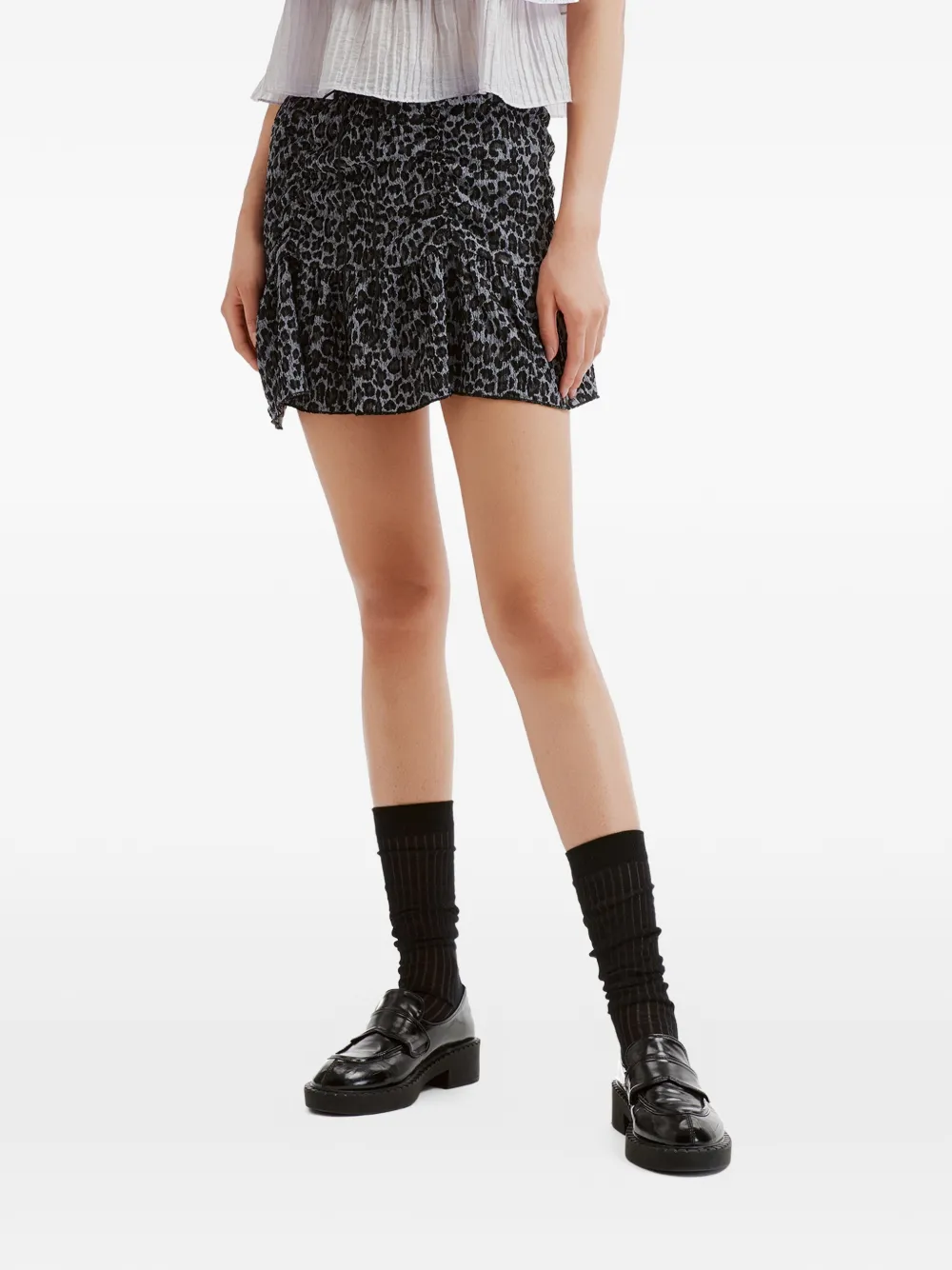 b+ab Midi-rok met luipaardprint en ruches Zwart