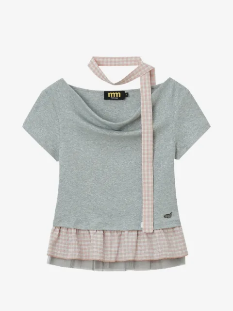 Mini Cream blusa con peplum y motivo de cuadros gingham
