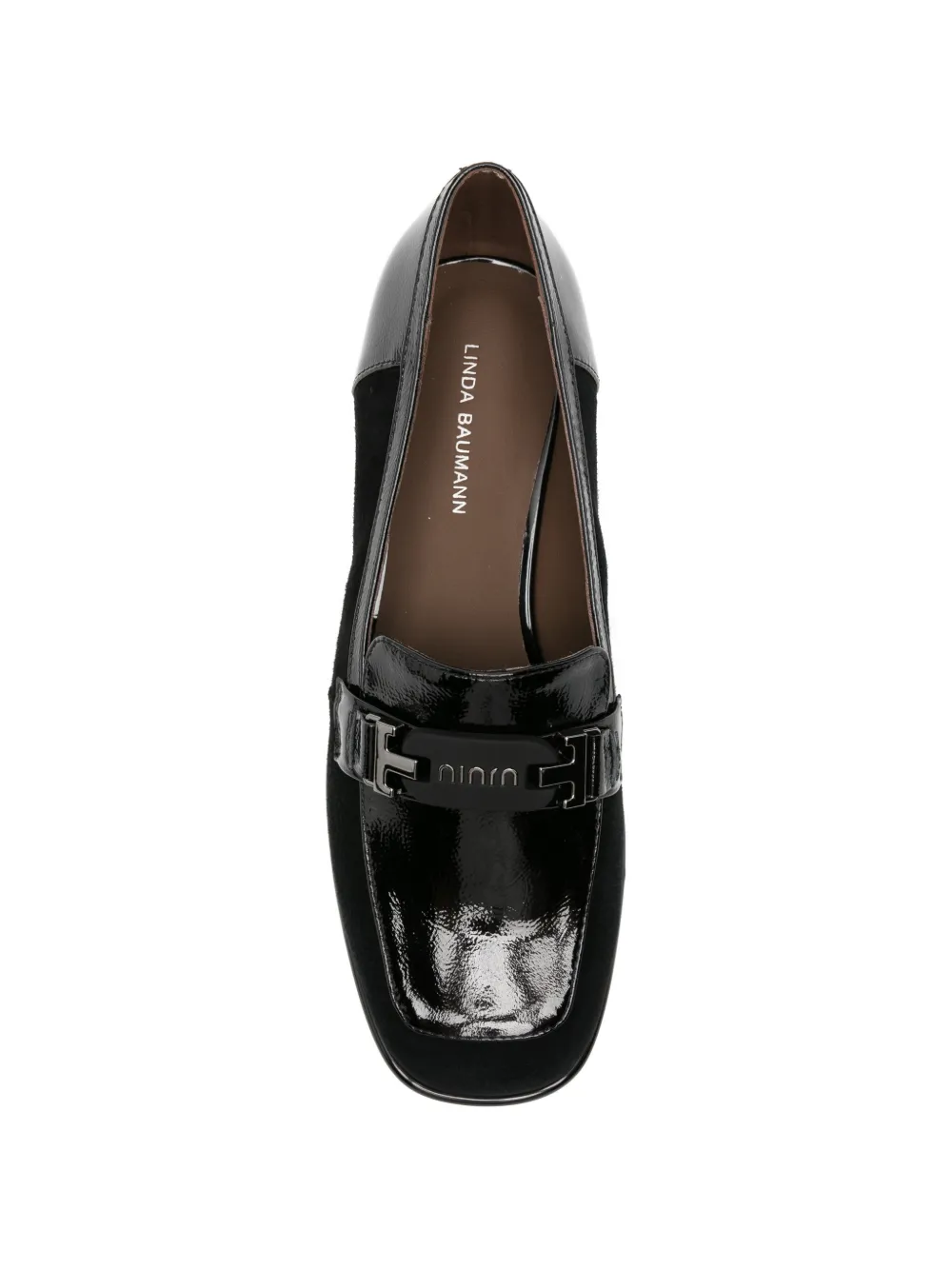 LINDA BAUMANN patent-panelled logo-plaque loafers Zwart
