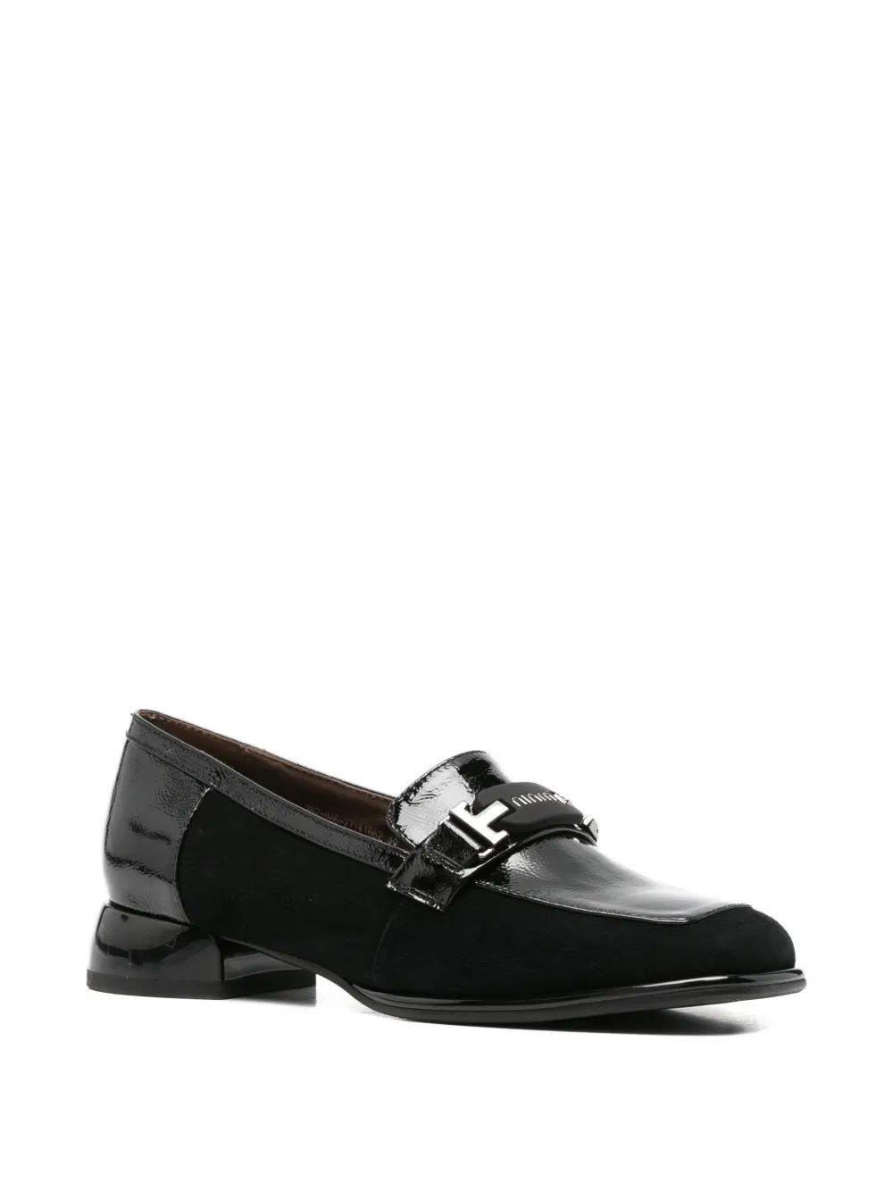LINDA BAUMANN patent-panelled logo-plaque loafers Zwart