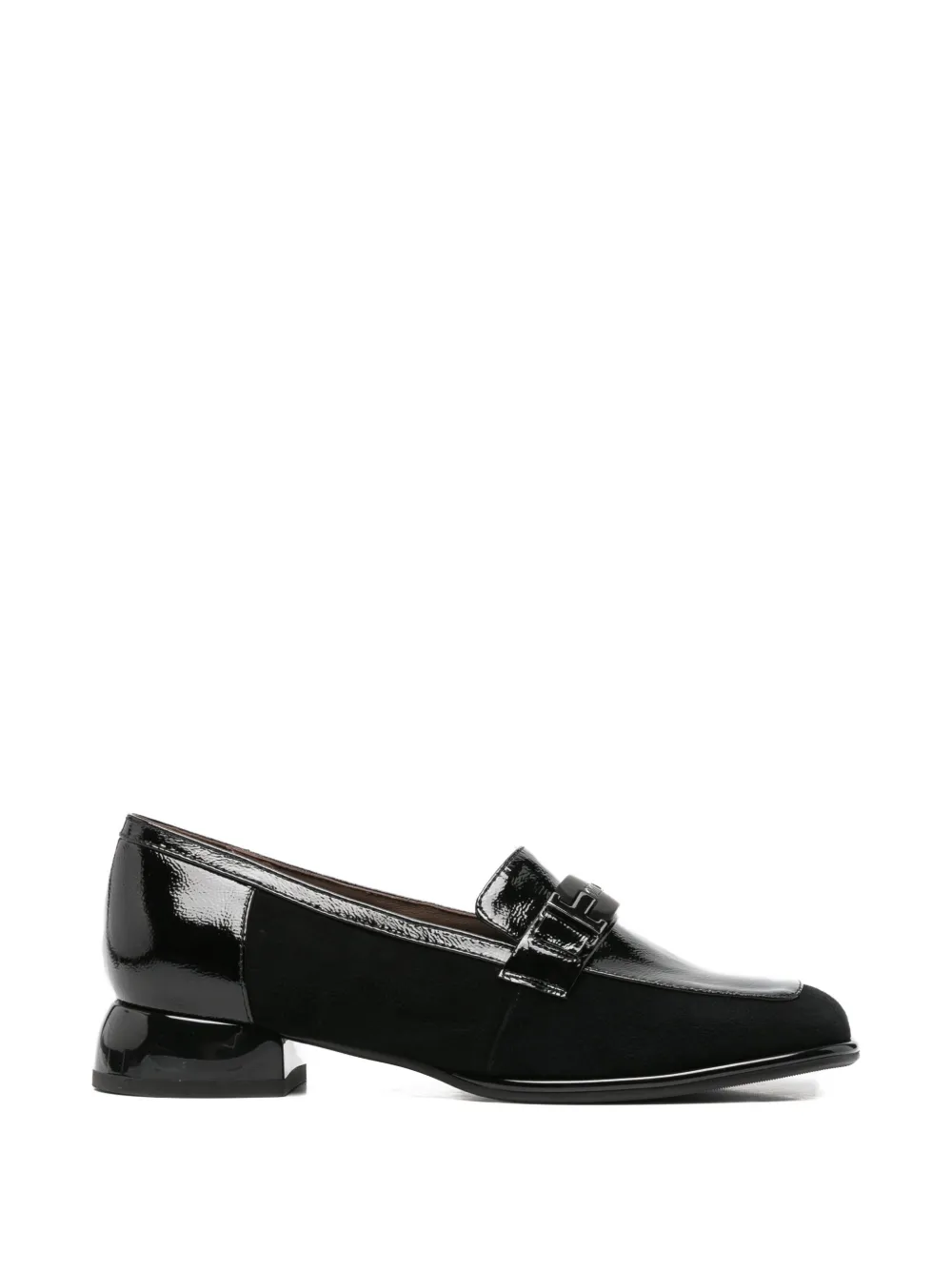 LINDA BAUMANN patent-panelled logo-plaque loafers - Nero