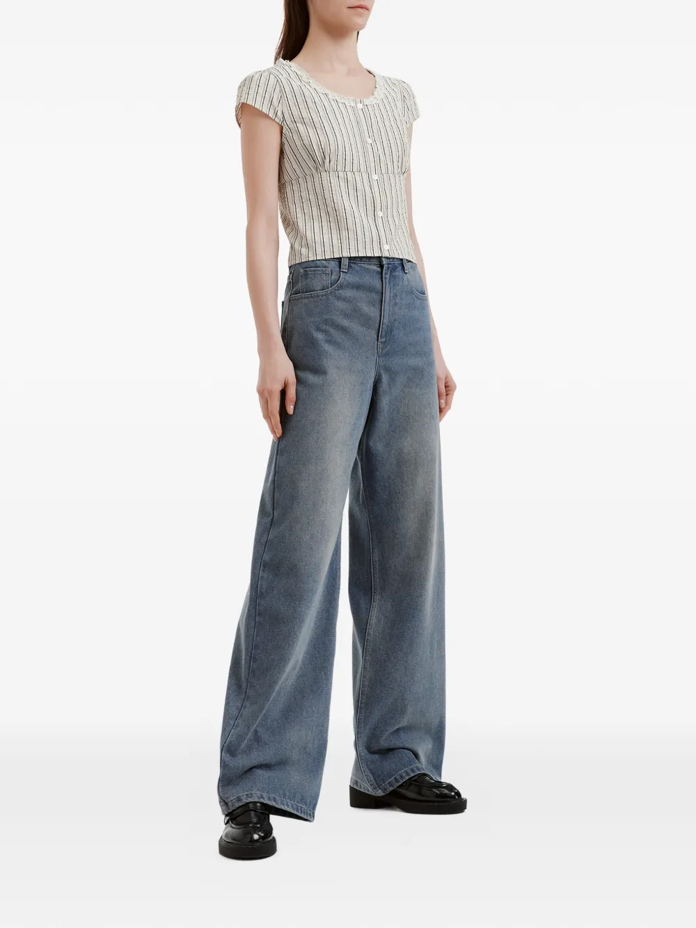 tout a coup Gestreepte blouse met kanten afwerking Beige