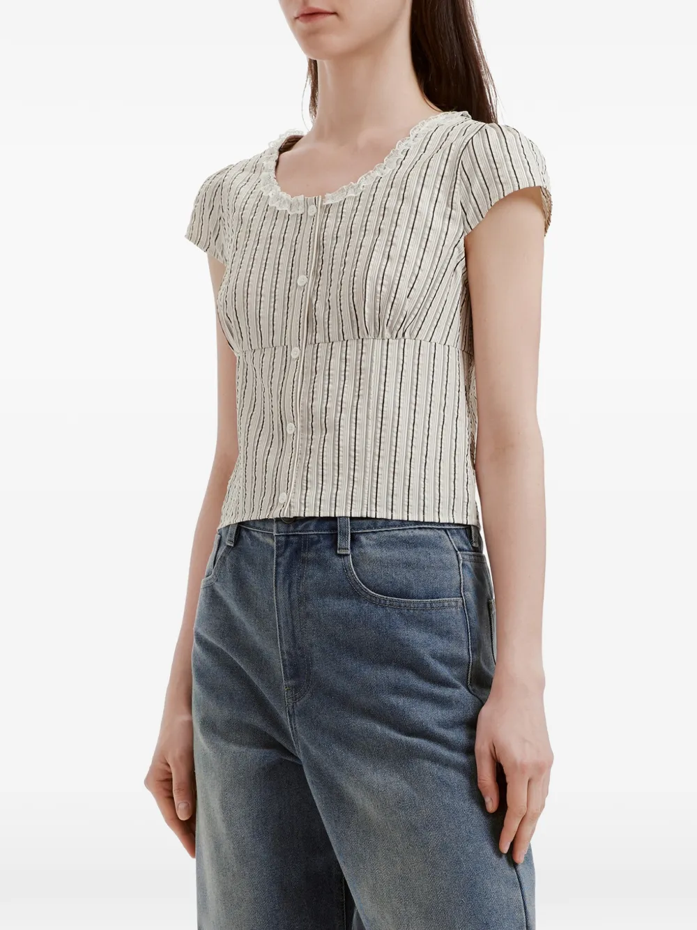 tout a coup Gestreepte blouse met kanten afwerking Beige