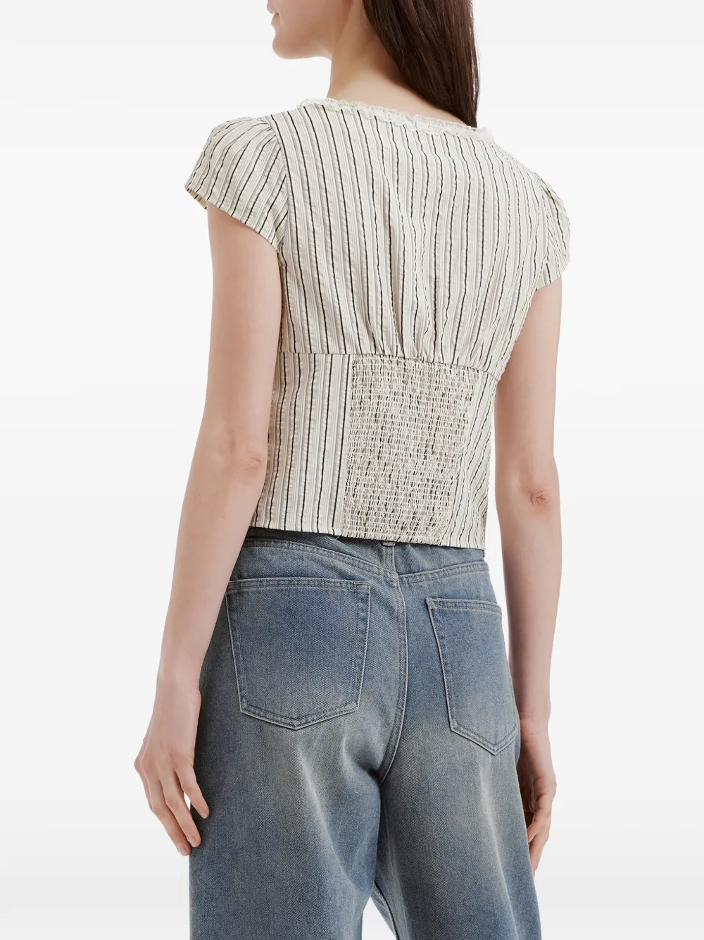 tout a coup Gestreepte blouse met kanten afwerking Beige