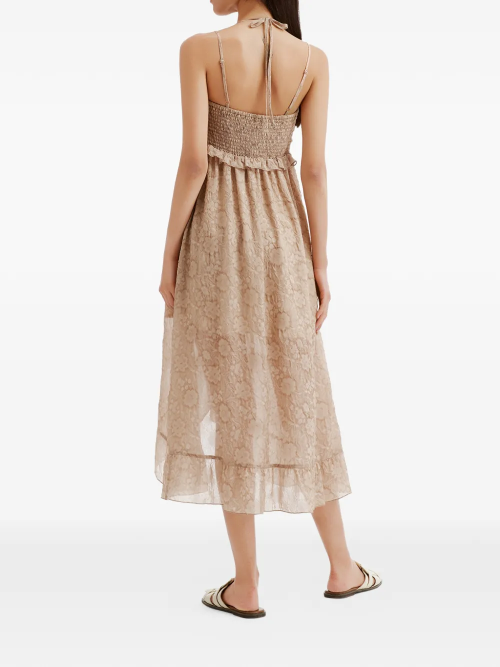b+ab Midi-jurk met bloemen-jacquard en ruches Beige