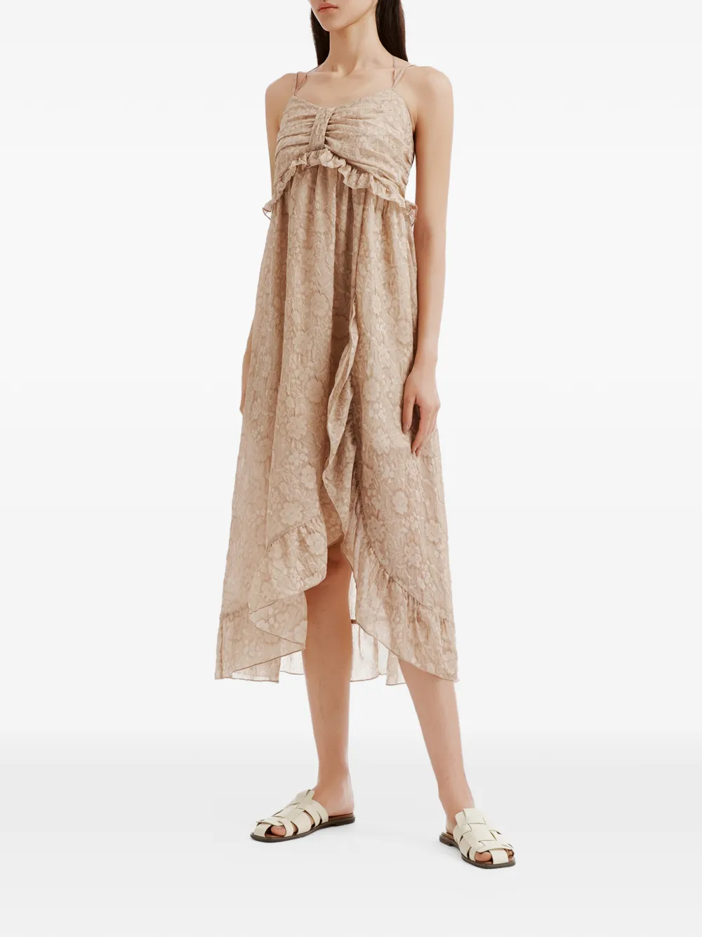 b+ab Midi-jurk met bloemen-jacquard en ruches Beige