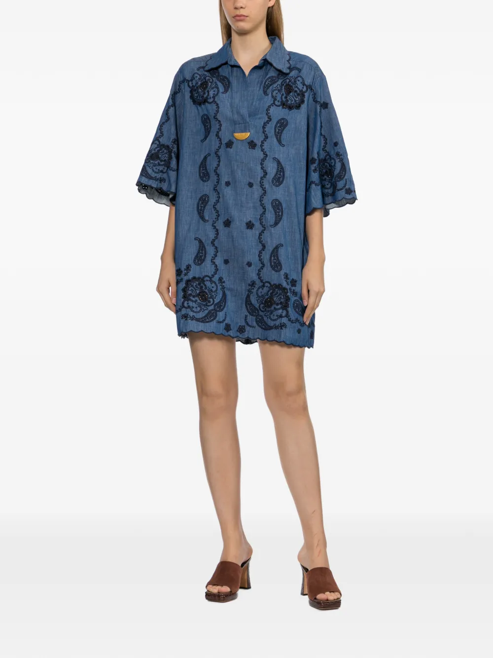 ZIMMERMANN Jurk met geborduurd paisley en gewelfde afwerking Blauw