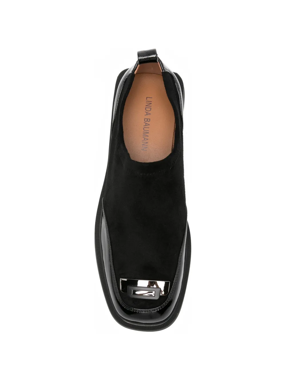 LINDA BAUMANN patent-panelled plaque-detail loafers Zwart