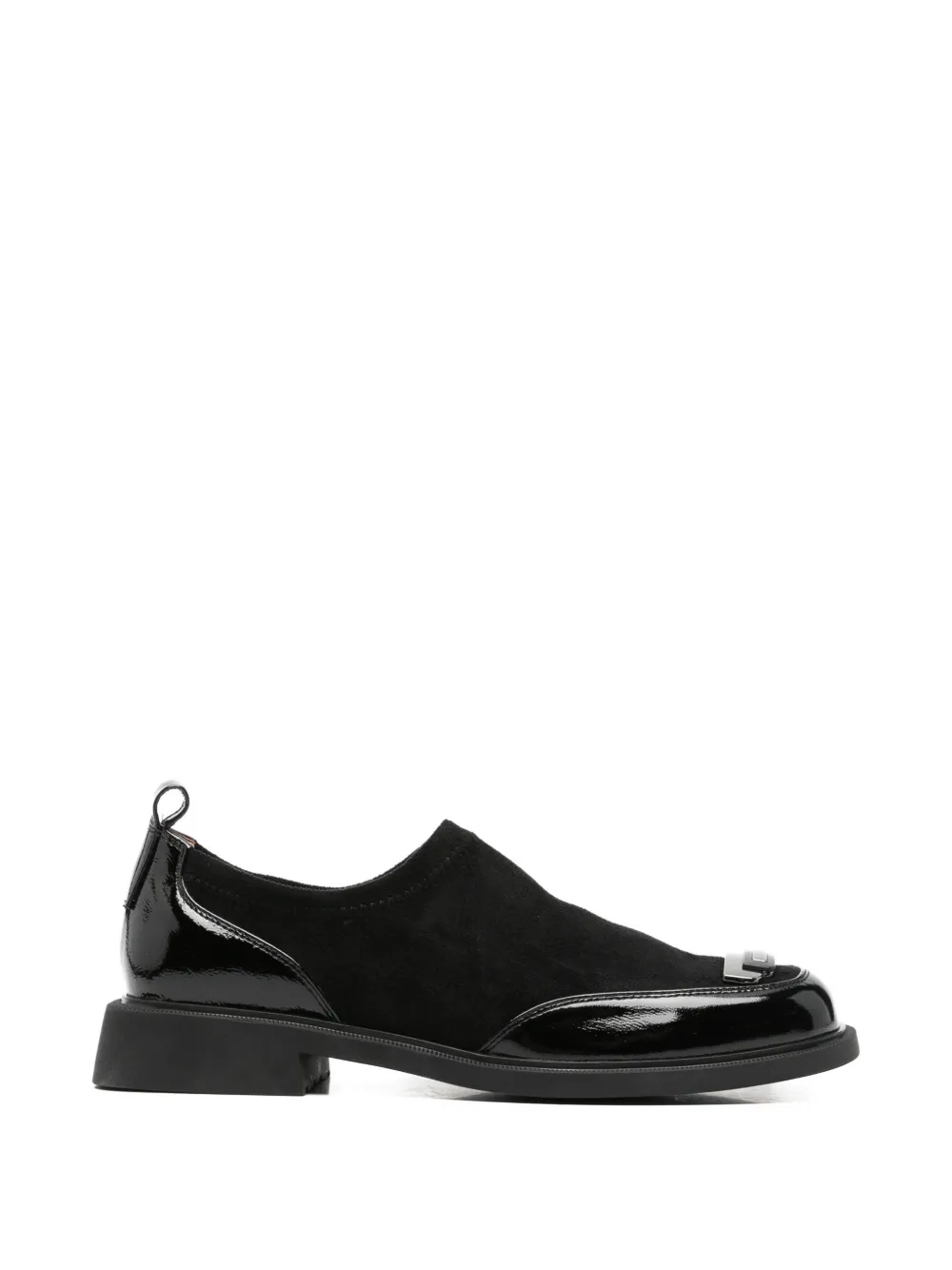LINDA BAUMANN patent-panelled plaque-detail loafers - Nero