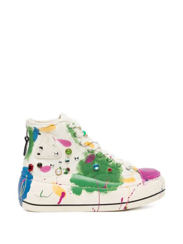 R13 Paint-splatter Stud-embellished Trainers in Neutrals