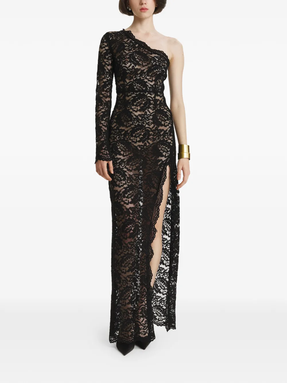 2310 STUDIO one-shoulder lace-overlay maxi dress - Nero