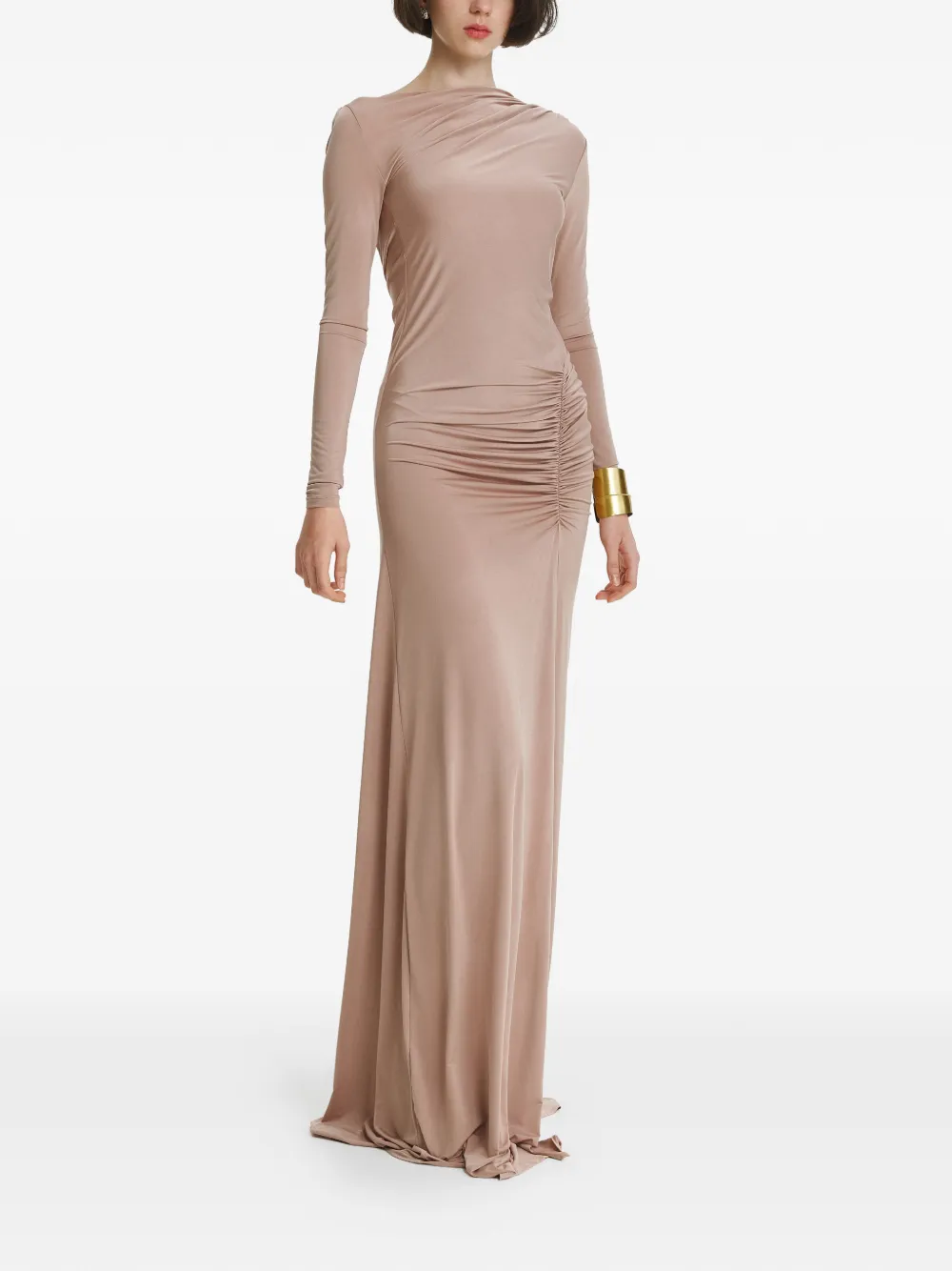 2310 STUDIO Maxi-jurk met ruches en open achterkant Beige