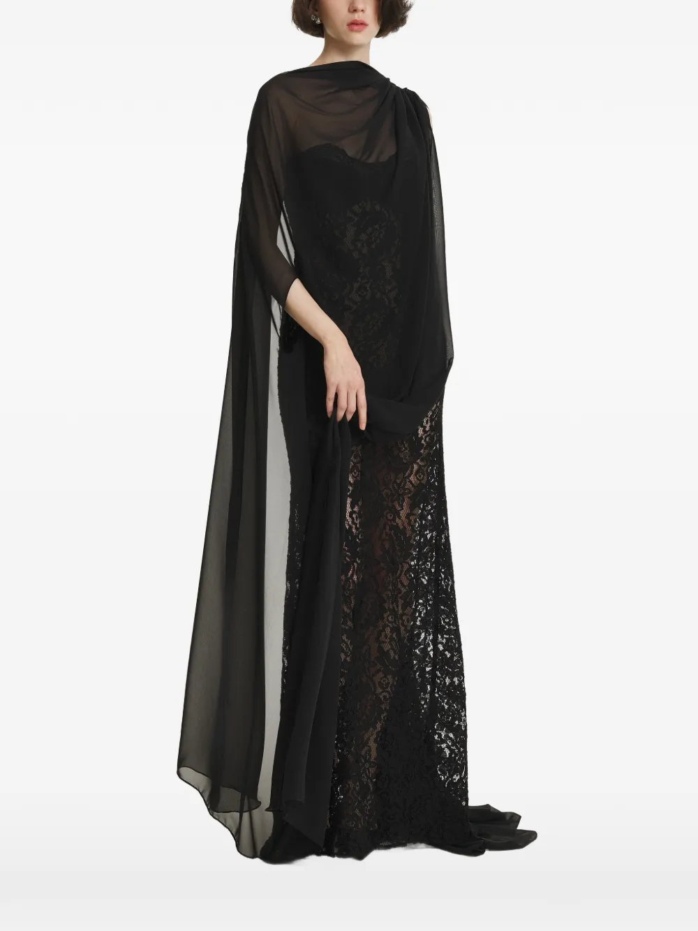 2310 STUDIO sheer lace-overlay draped cape - Schwarz