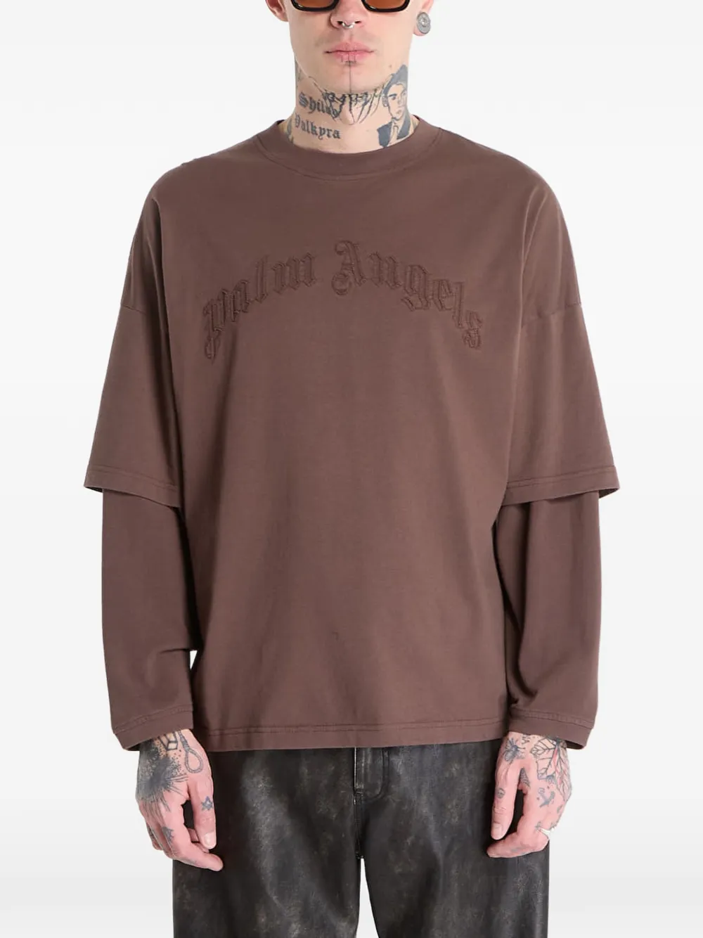 Palm Angels logo-embroidered layered T-shirt - Marrone