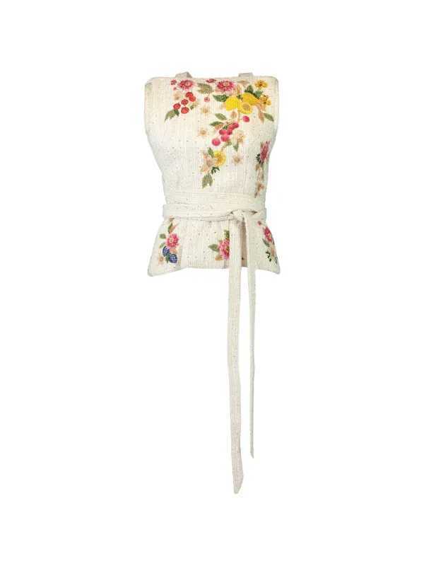 Mary Katrantzou Juda Floral-embroidered Tie-waist Top in Neutrals