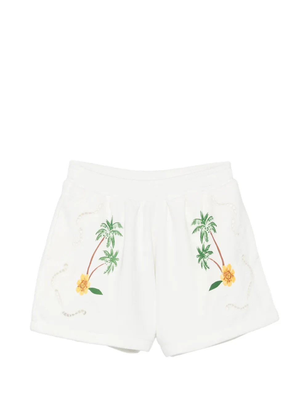 FARM Rio Coconut Trees Come To Rio palm-tree-embroidered eyelet-detail shorts - Bianco