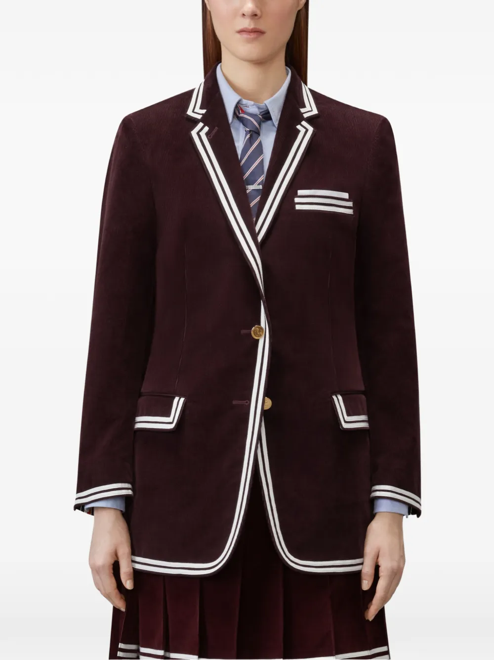 Thom Browne Ribfluwelen jas met streep-afwerking Rood