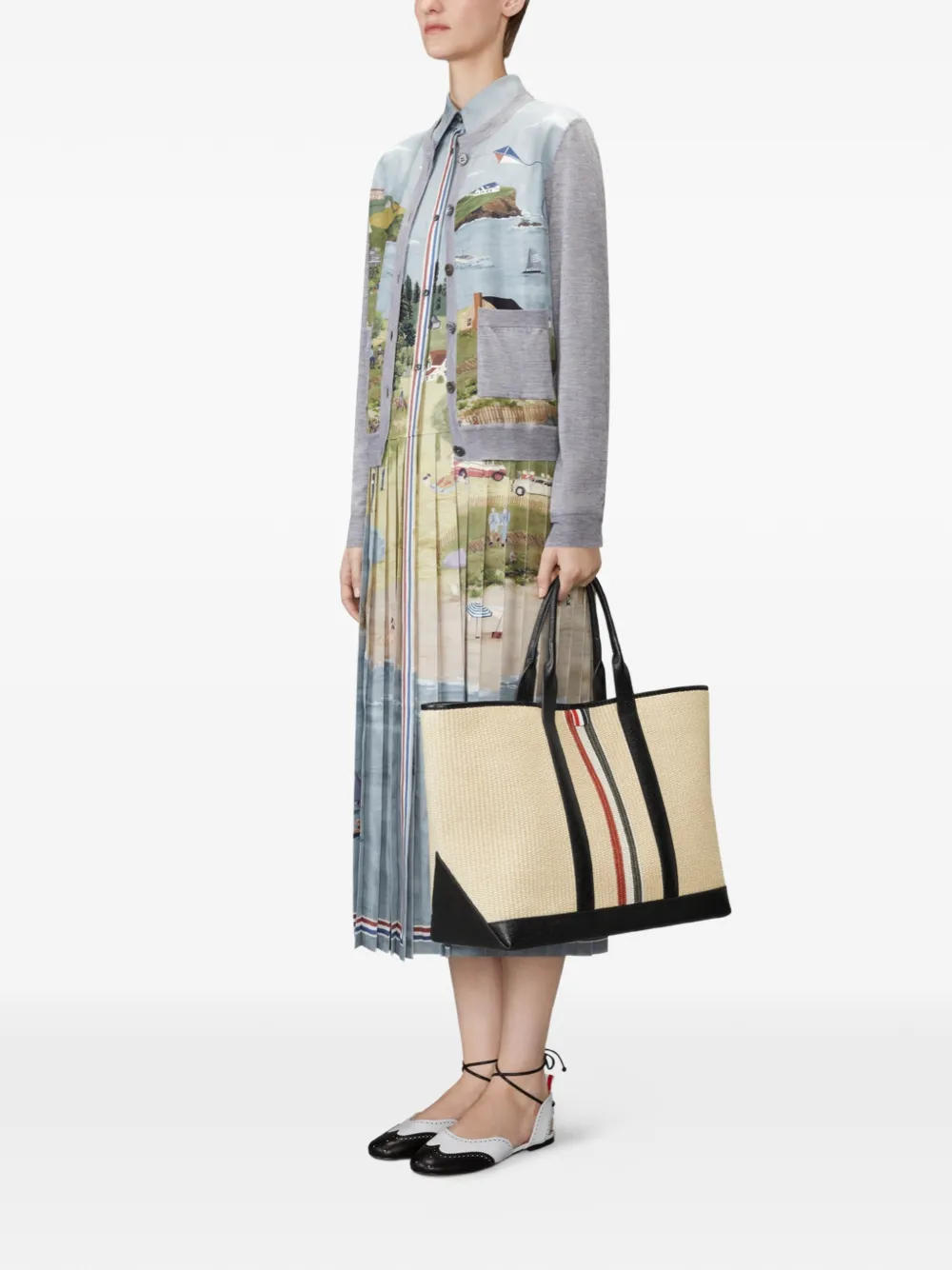 Thom Browne Tool raffia shopper met RWB-streep Beige