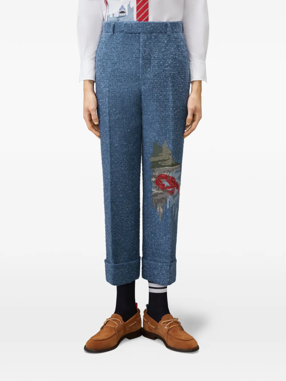 Thom Browne Bouclé tweed broek met borduurwerk Blauw