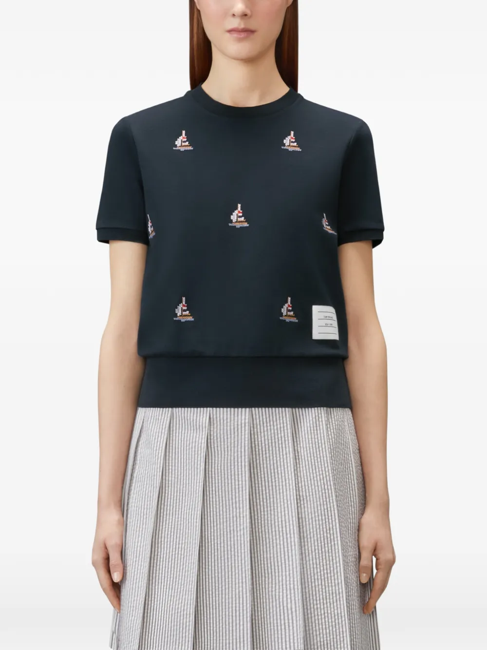 Thom Browne Geribbeld T-shirt met geborduurde zeilboot Blauw