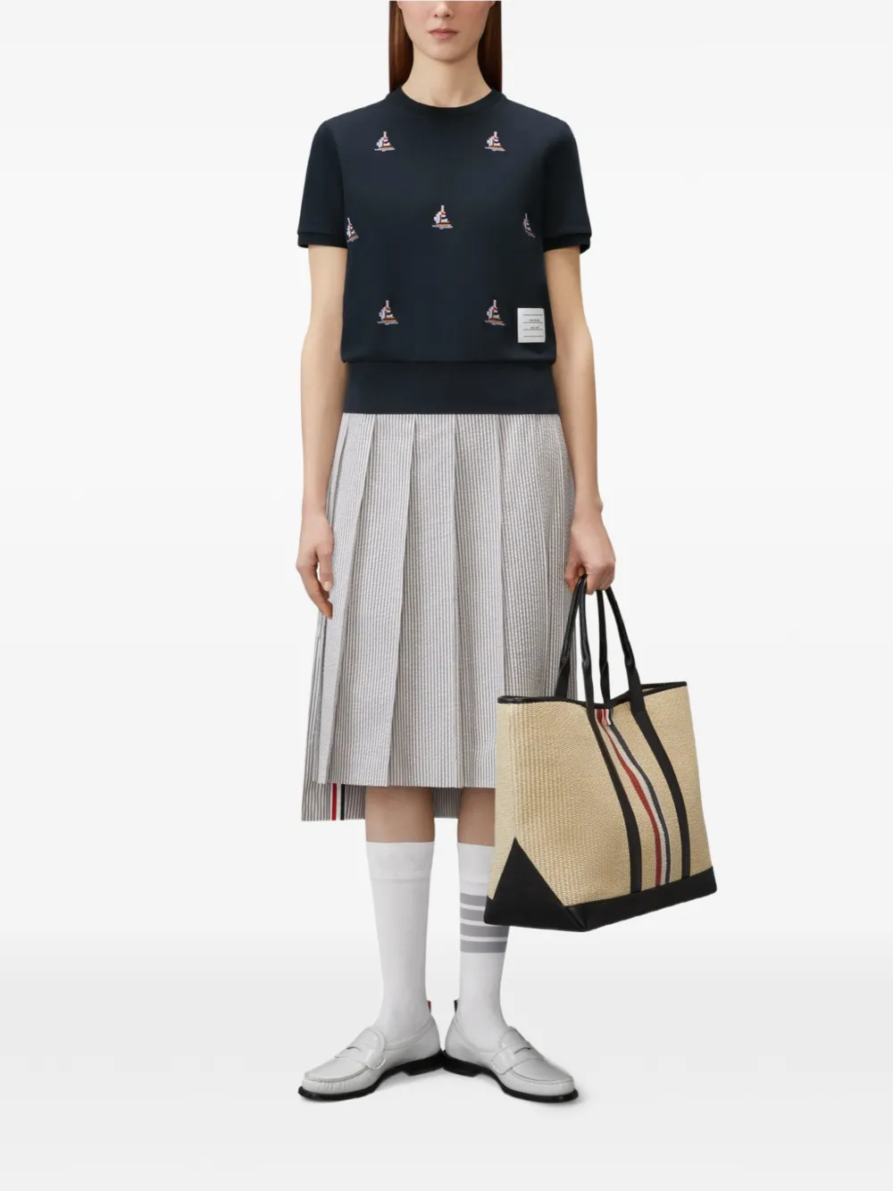 Thom Browne Geribbeld T-shirt met geborduurde zeilboot Blauw