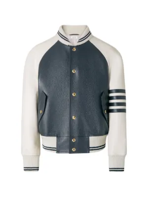 Thom Browne shearling-trim Cracked Leather Jacket | Grey | FARFETCH