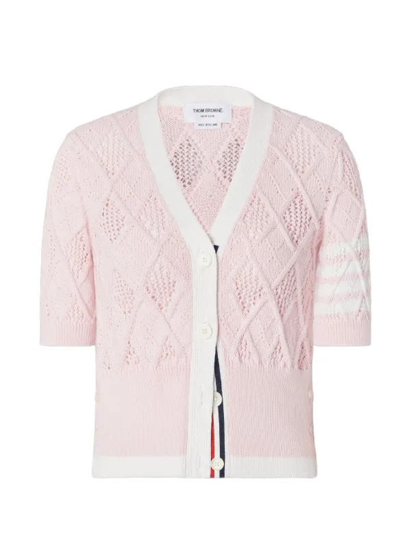 Thom Browne Argyle Pointelle 4-Bar Short Sleeve Cardigan in Pink