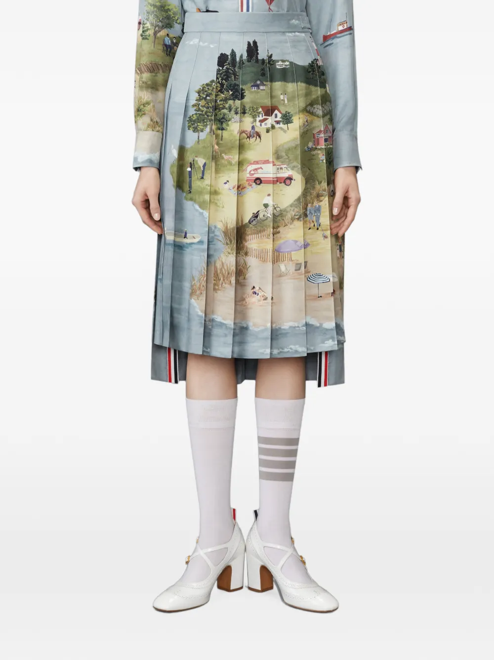 Thom Browne Nantucket Scenic Silk Twill Pleated Skirt in Blue, view 3