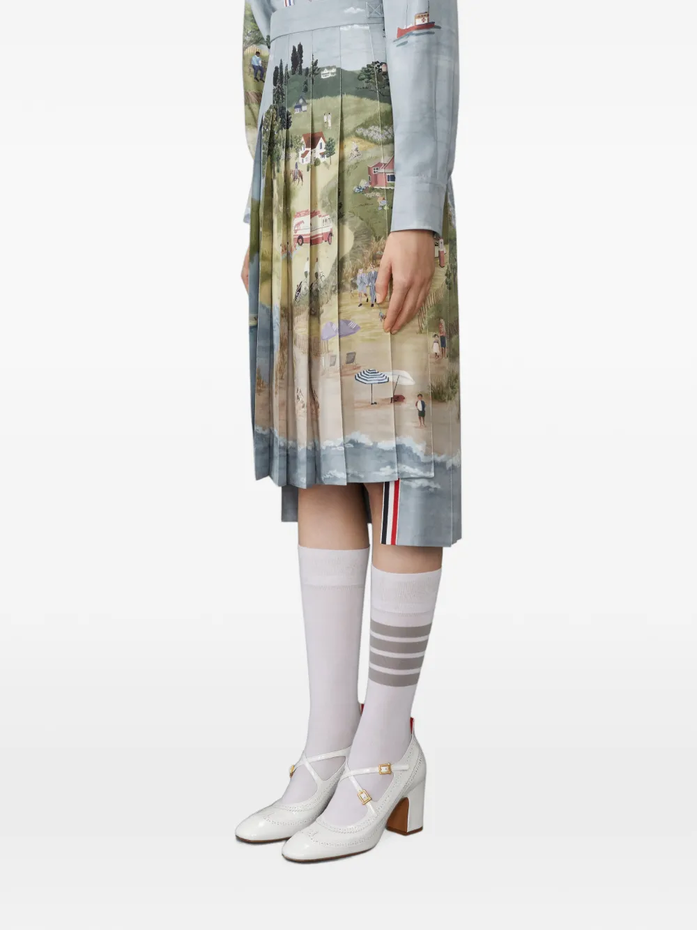 Thom Browne Nantucket Scenic Silk Twill Pleated Skirt in Blue, view 4