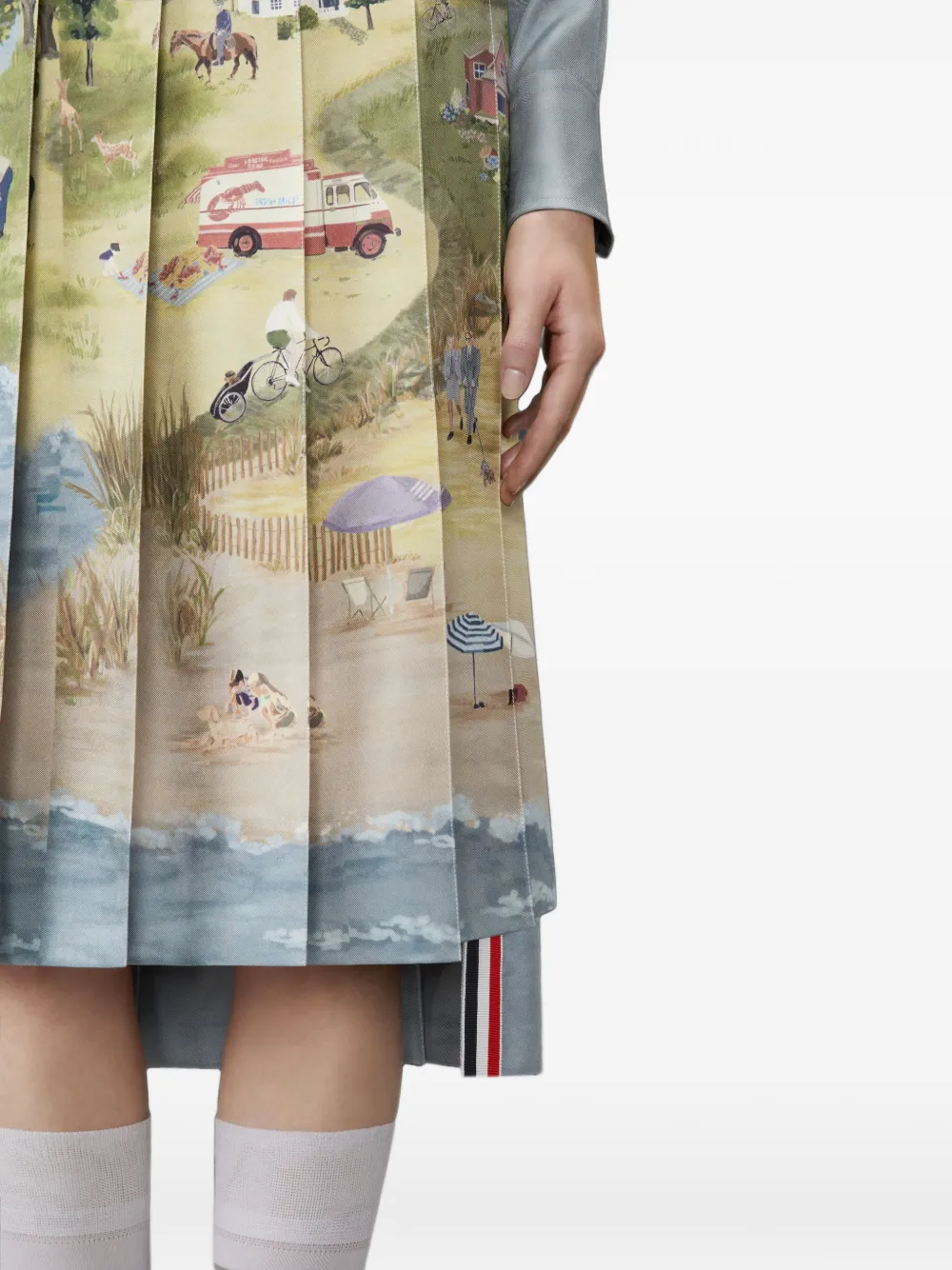 Thom Browne Nantucket Scenic Silk Twill Pleated Skirt in Blue, view 5