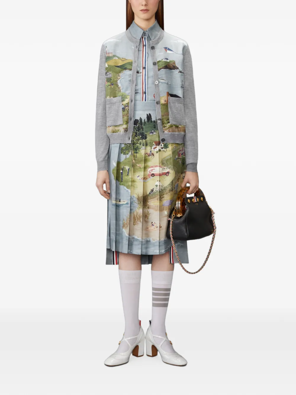 Thom Browne Nantucket Scenic Silk Twill Pleated Skirt in Blue, view 2
