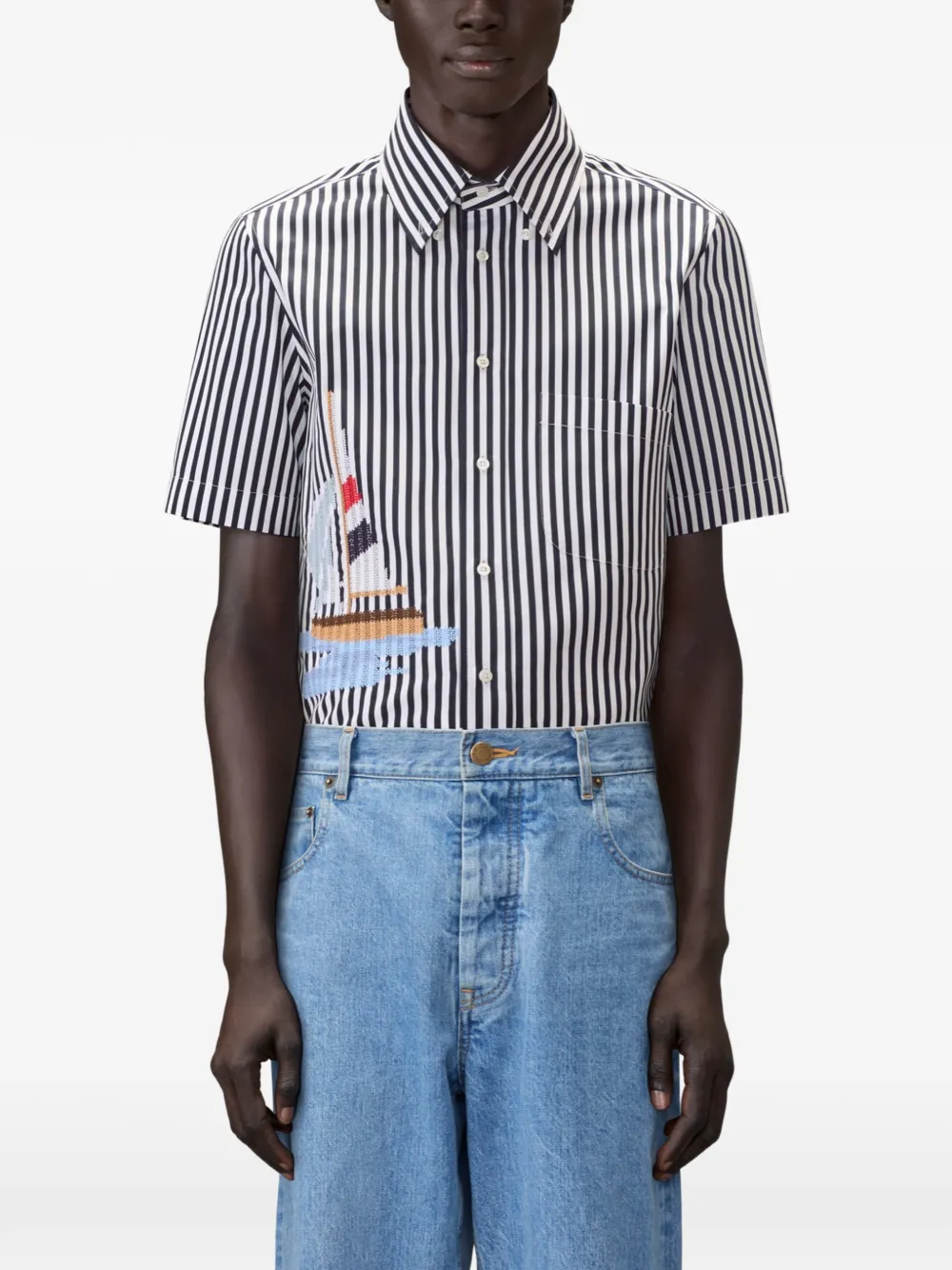 Thom Browne Gestreept overhemd met geborduurde zeilboot Blauw