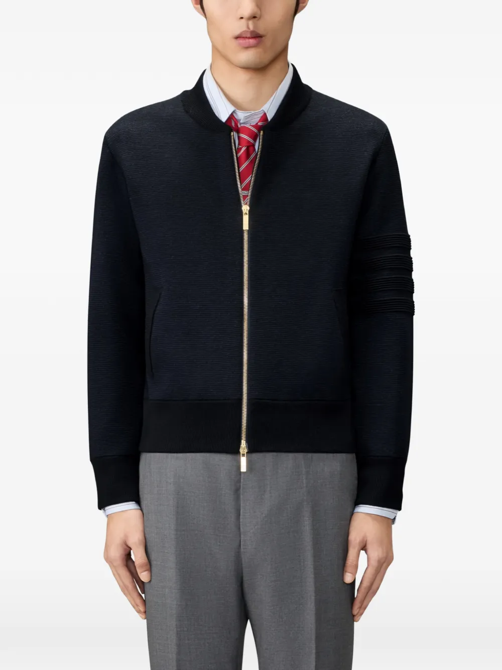 Thom Browne Ottoman bomberjack met vier strepen en Milano stiksel Blauw